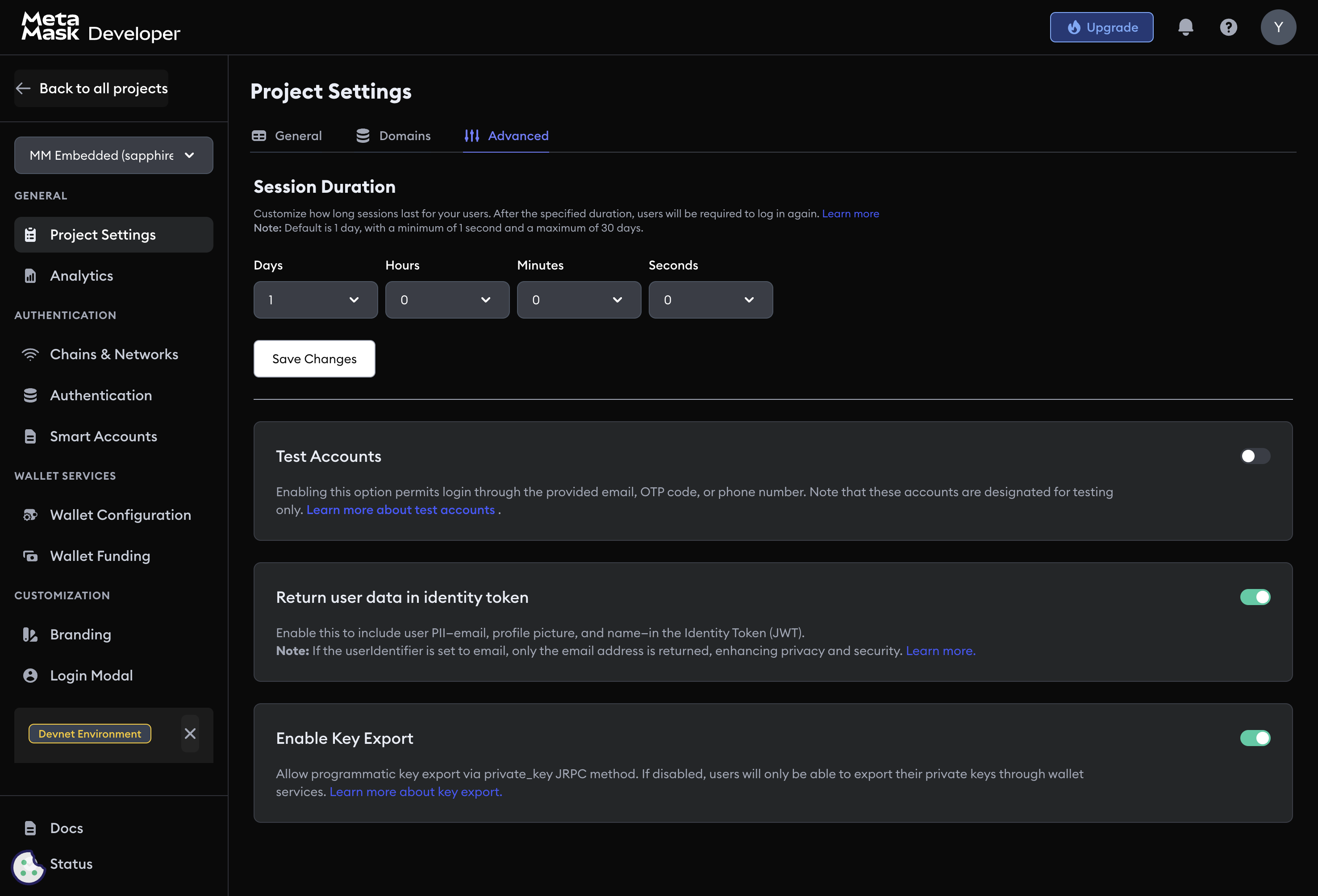 Test accounts settings